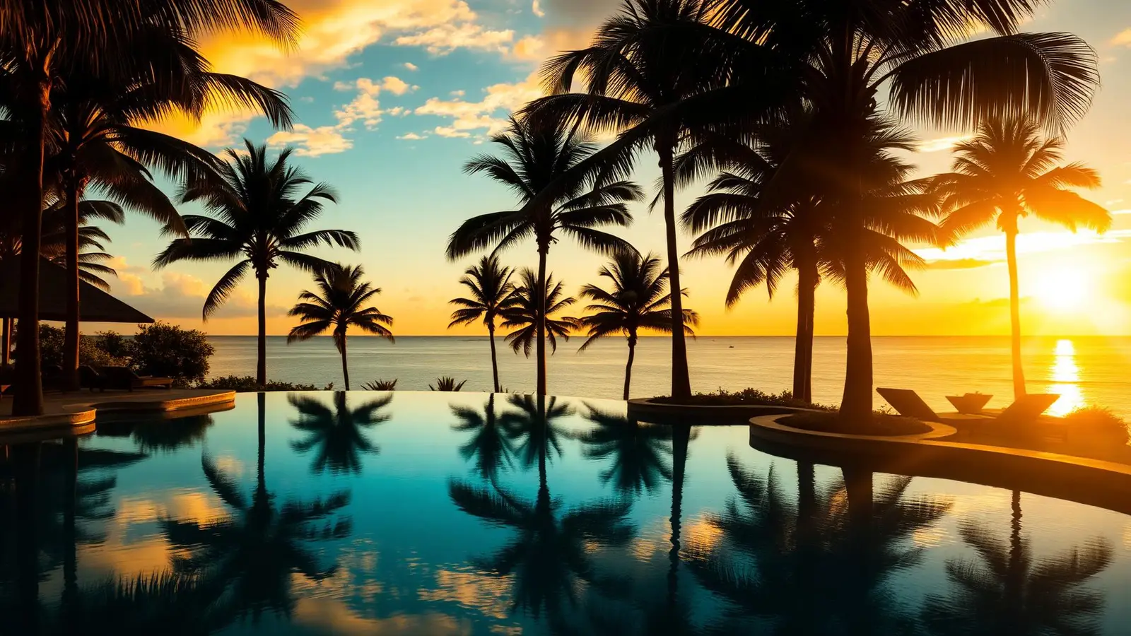 Resort tropical ao entardecer com piscina infinita